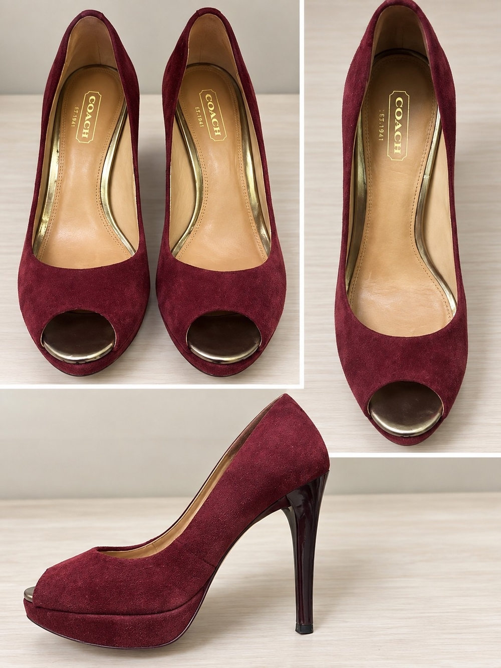 Coach Burgundy Suede Peep-Toe Platform Pumps